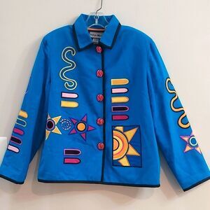 INDIGO MOON Turquoise Blue Embroidered Jacket Sz Small